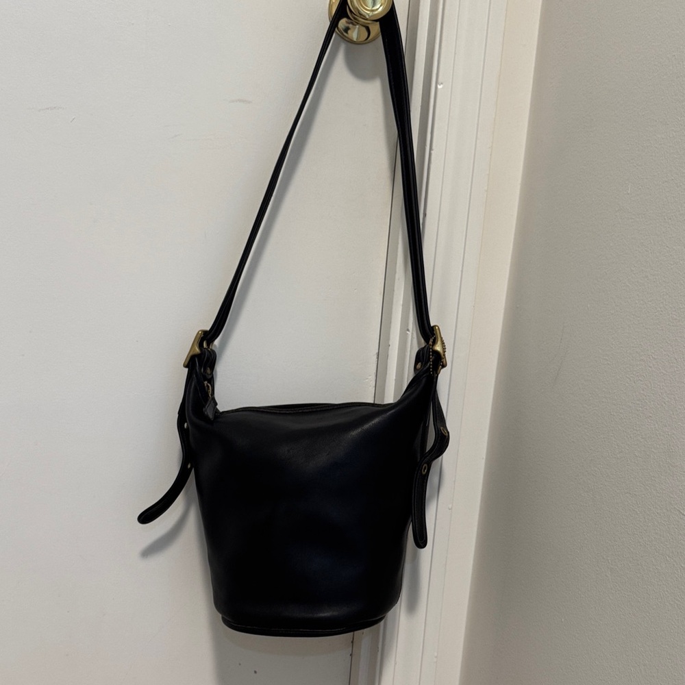 Coach Black Leather Bucket Shoulder Bag with Gold Buckle
